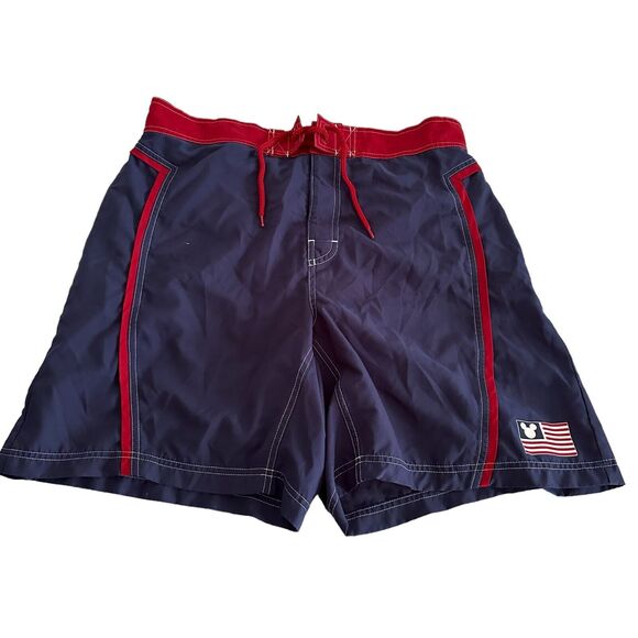 Disney Store Men's Mickey Mouse USA Flag Swim Trunks Board Shorts Sz Large Blue - Picture 2 of 4